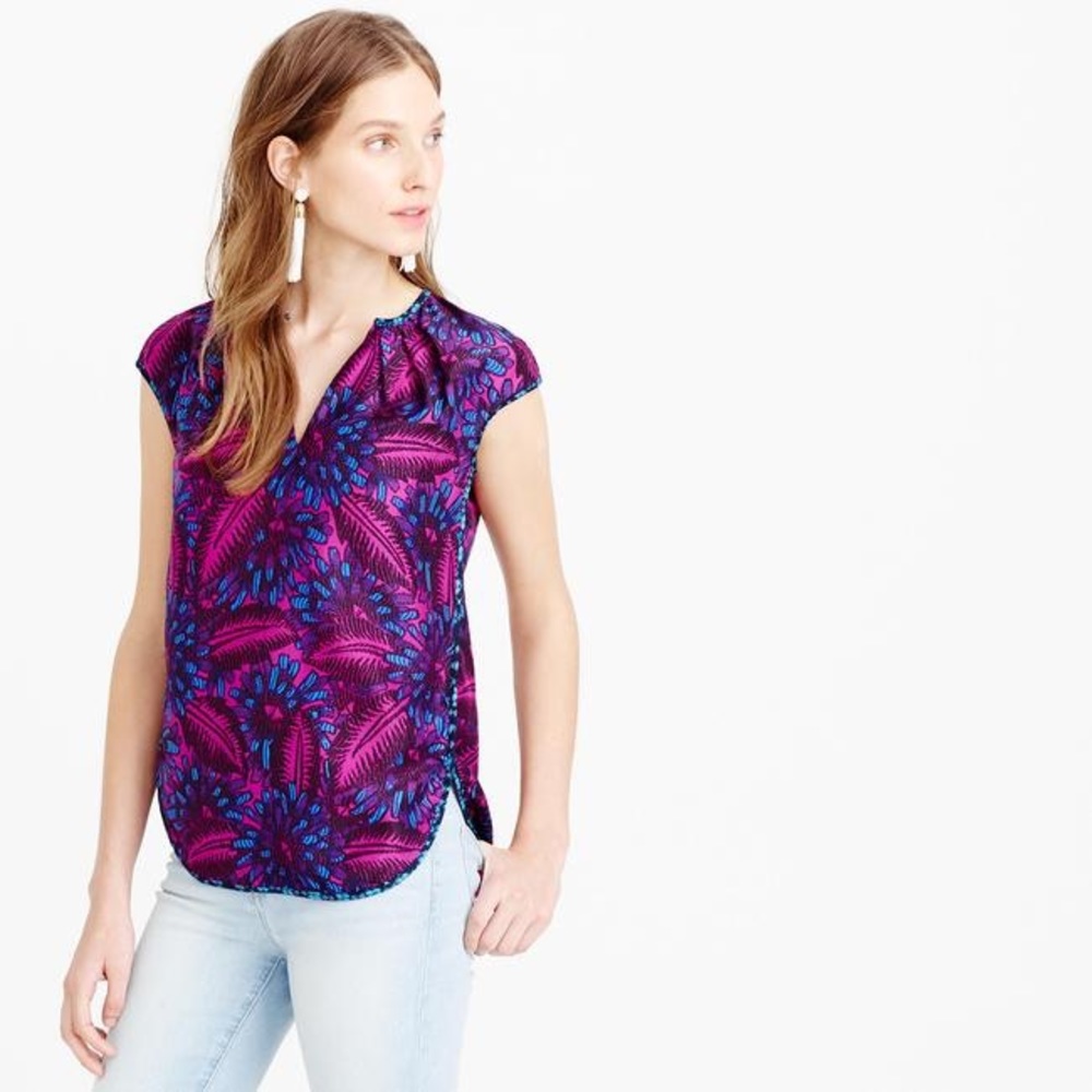 J Crew 100% Silk Midnight Floral Cocoon Top Sz 2